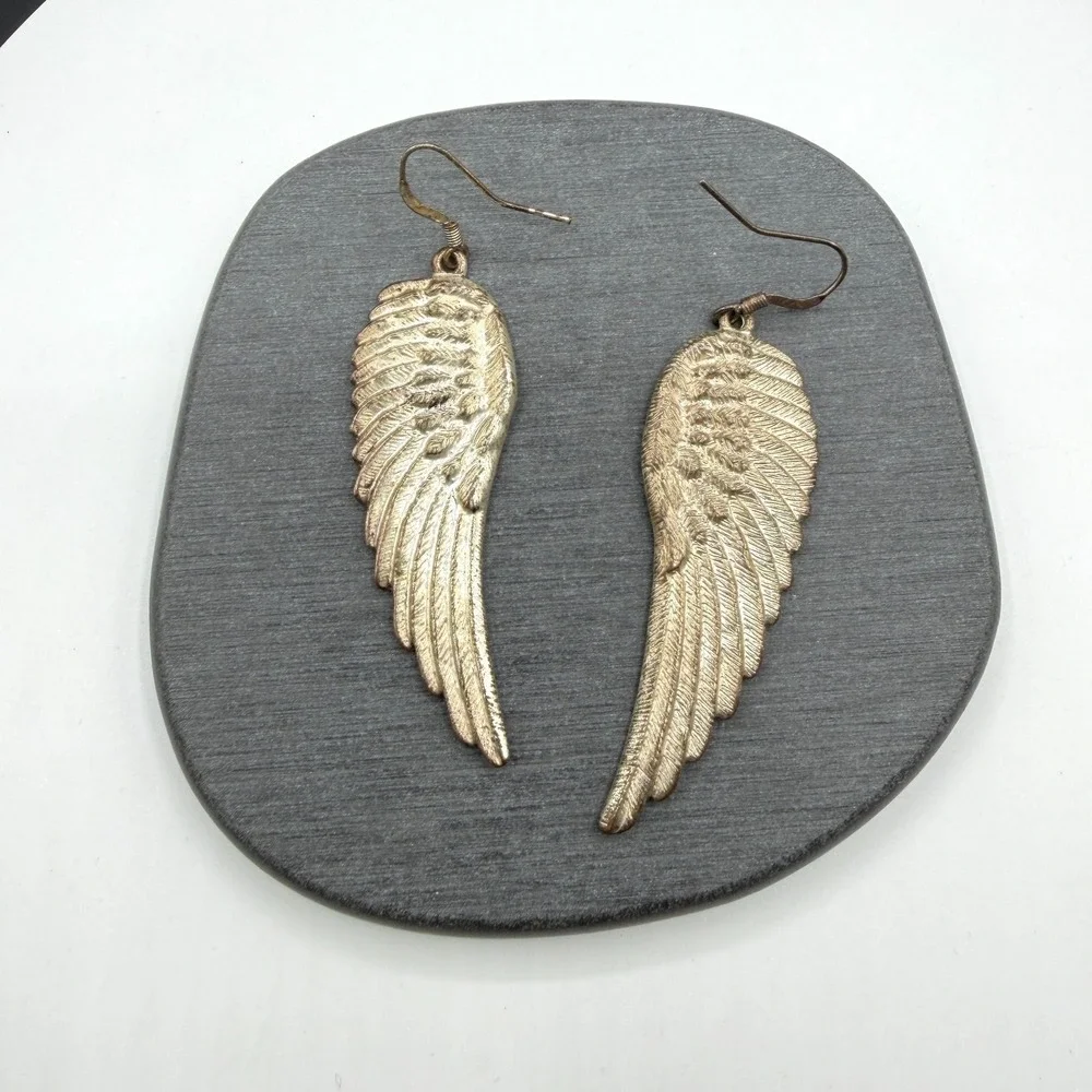 Gold Tone Angel Wing Feather Long Dangle Drop Earrings Boho Statement Jewelry